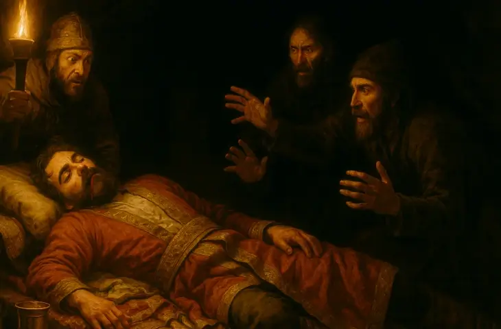 Attila’nın ölüm döşeğinde hareketsiz yattığı, etrafındaki Hunların şaşkınlık ve endişeyle ona baktığı loş sahne.